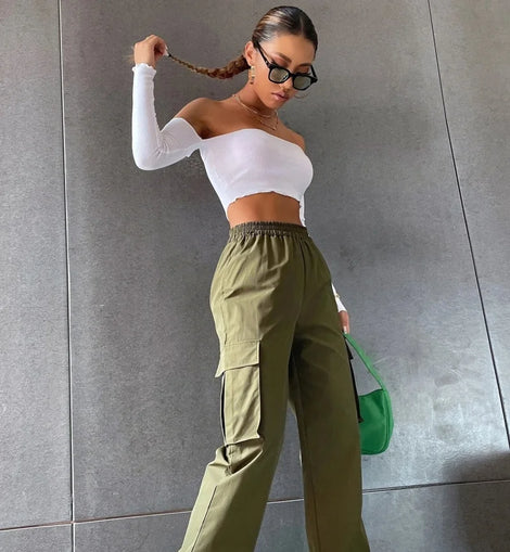 Y2K Solid Ripped Baggy Pants Fashion Women Pocket Elastic Waist Retro Straight Sweatpant Casual Streetwear Cargo New Trousers